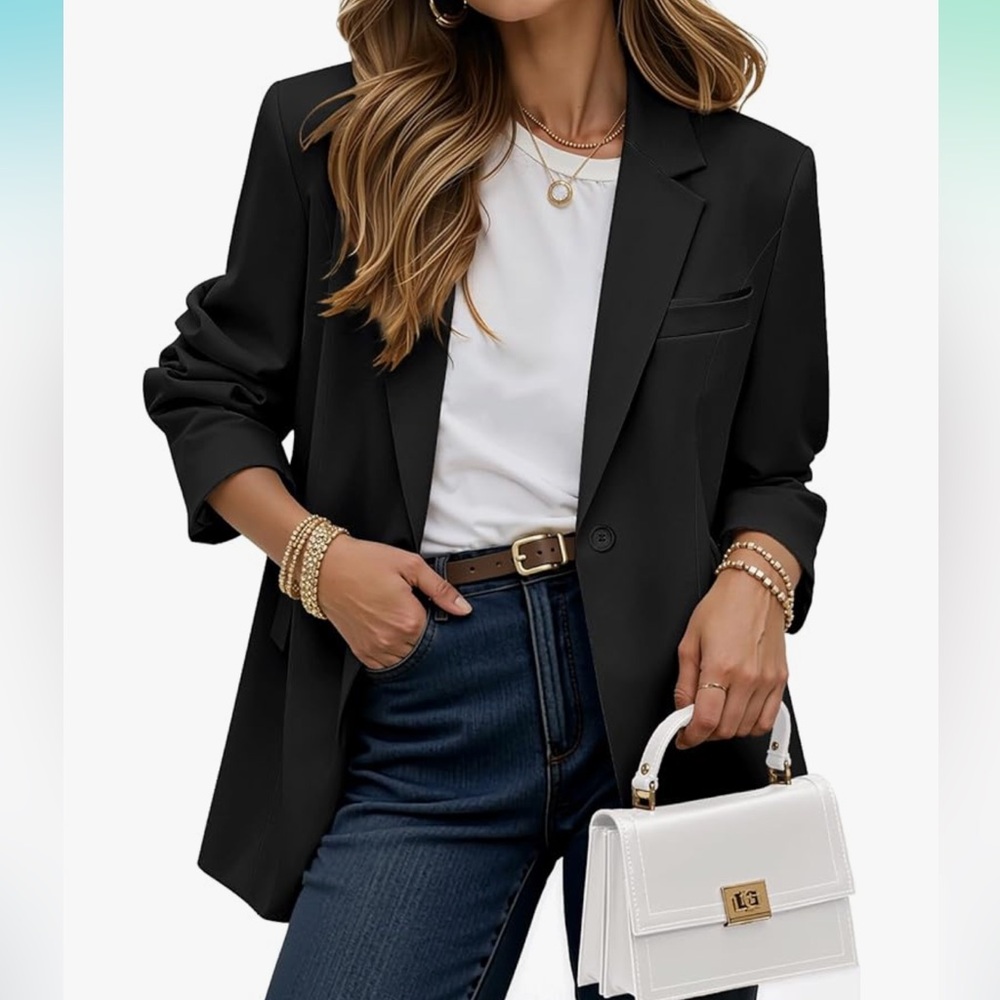 Kelyaa NWT M black 3/4 sleeve fully lined pockets double breasted Blazer